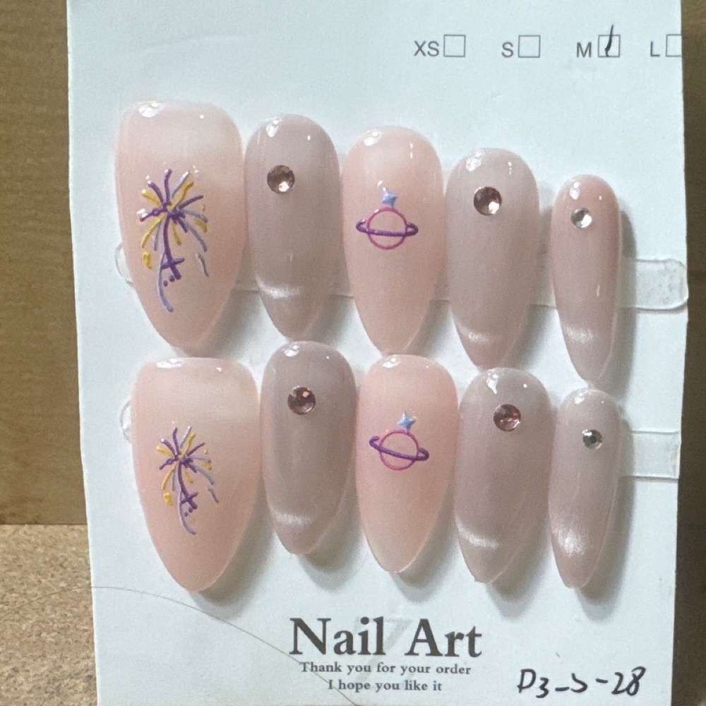 Celestial Press On Nails Medium Almond Pink‎ Cat Eye Planet Rhinestone